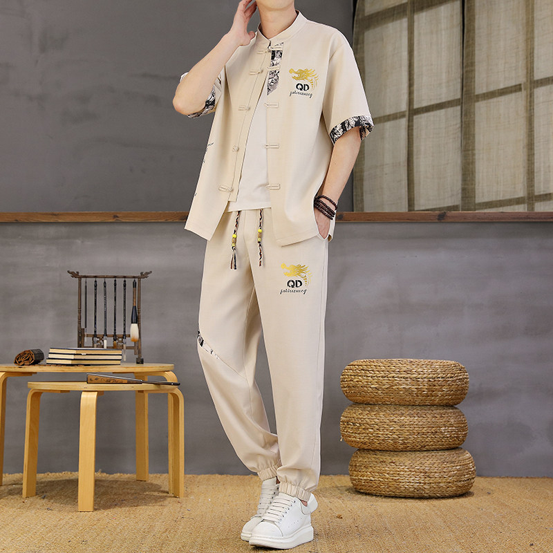 夏季薄款中国风短袖衬衫长裤套装男孩13岁青少年中学生15大童衬衣