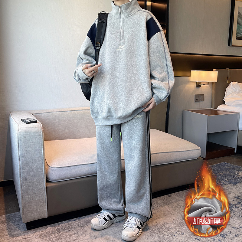 12冬季半高领卫衣套装男孩15岁青少年学生13加绒加厚大童长袖T恤