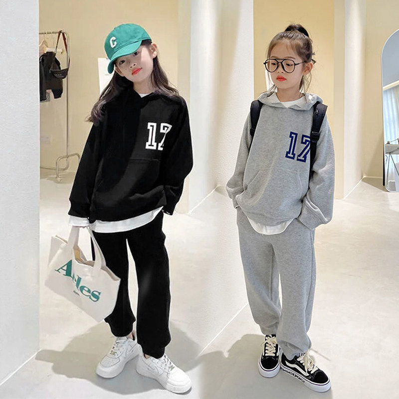 女童春秋款套装新款韩版中大童连帽卫衣运动裤休闲两件套装