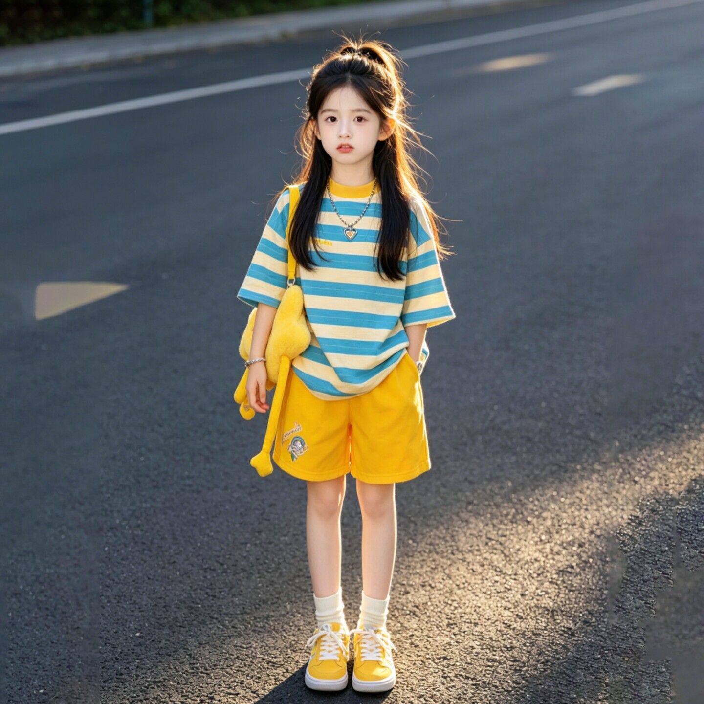 女童夏季新款休闲条纹中大童洋气女孩短袖短裤儿童日常百搭套装