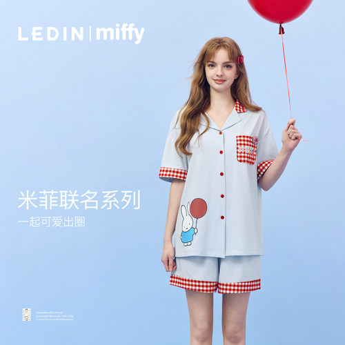 LEDiN HOME乐町米菲睡衣套装2026夏季格纹短袖短裤棉莱赛尔家居服