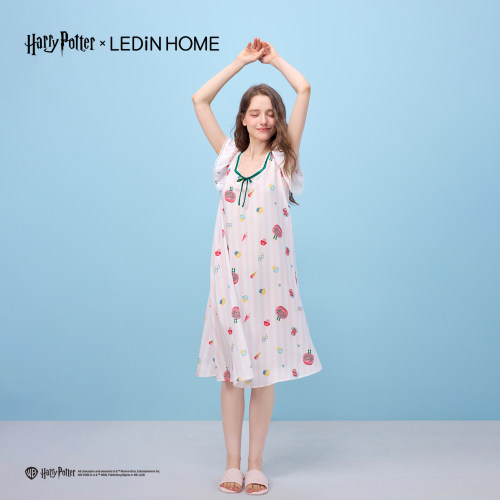 LEDiN HOME乐町睡衣哈利波特联名小飞袖生日蛋糕满印睡裙家居天丝