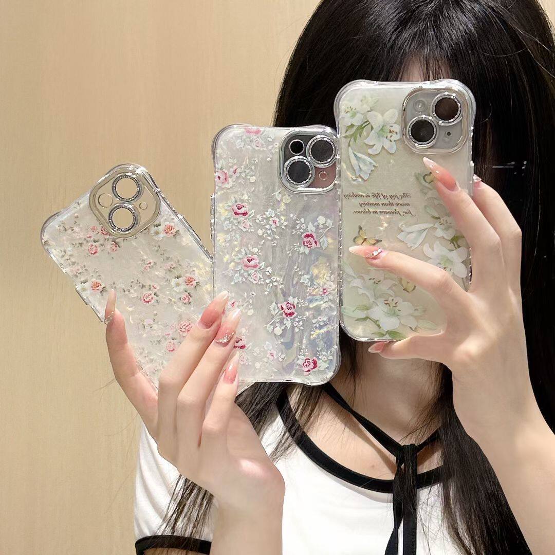 玫瑰花月季花适用iPhone15手机壳苹果14潮款13闪粉12全包镜头耐脏防摔