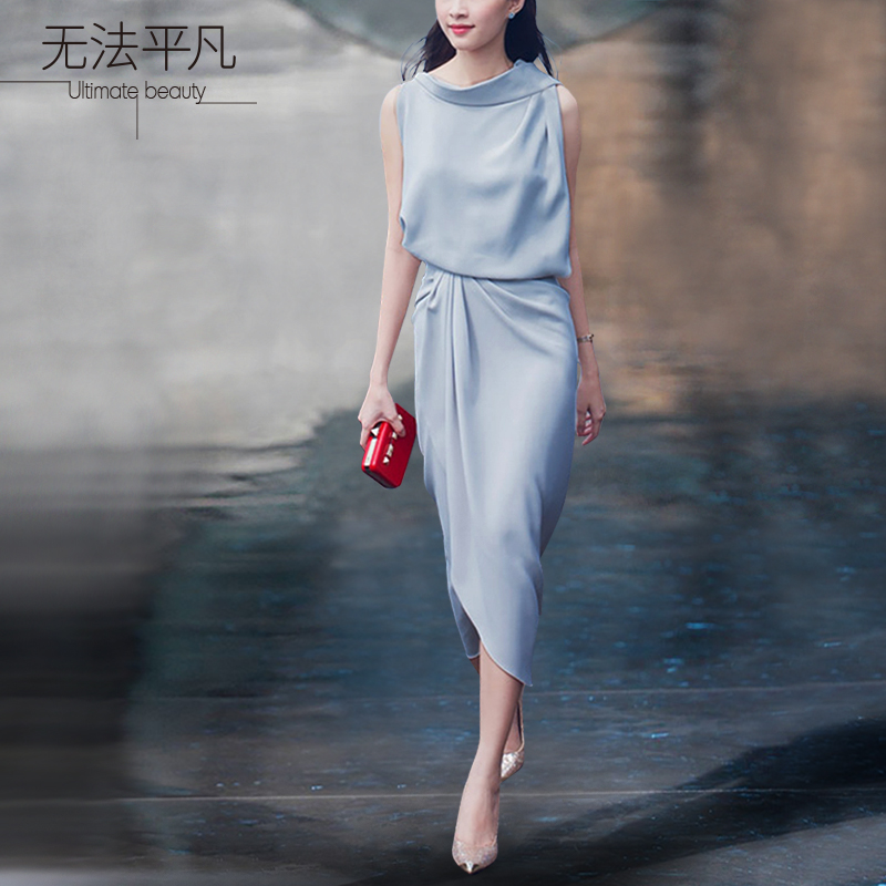 3无法平凡春夏新品高端定制时尚优雅浅蓝色无袖气质连衣裙女装