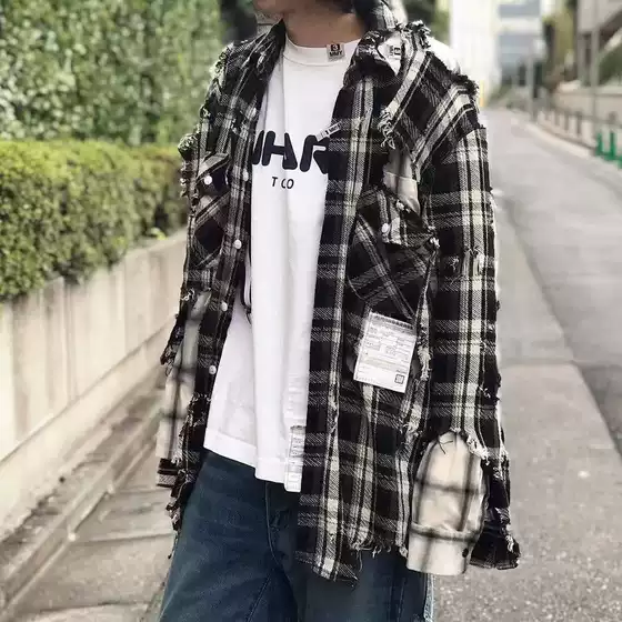 21Ss Mihara Yasuhiro Japanese Black and White Checkered Distressed Double-Layer Shirt Jacket