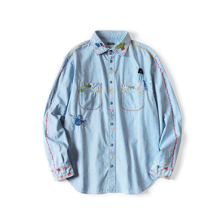 翻领长袖日系休闲刺绣动物