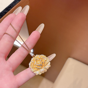 足银999.9描金牡丹花套链国潮吊坠复古风新中式 百搭项链 时尚
