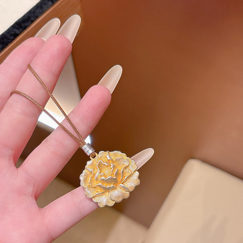 足银999.9描金牡丹花吊坠项链