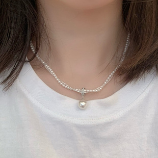 S925纯银新中式碎银子小贝珠双层珍珠项链小香风时尚女款锁骨链