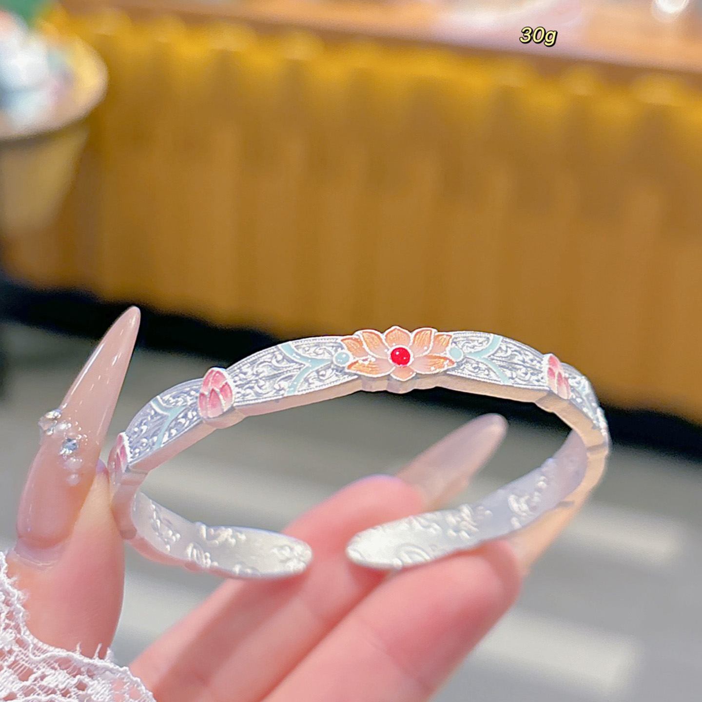 足银999.9珐琅彩莲花手镯