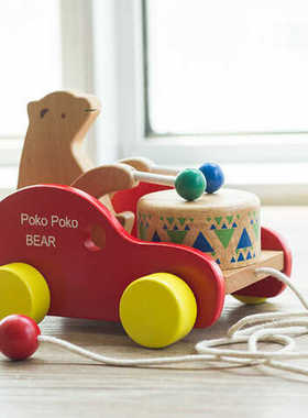 学步拖拉牵引木制早教玩具儿童益智榉木小熊敲鼓拉拉车宝宝手推车