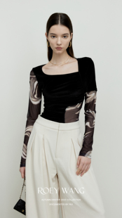 薄款 防晒衫 T恤 小众设计高级感上衣拼接丝绒网纱印花长袖 ROEYWAN