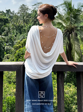 ROEYWANG Resort 白色荡领珠链露背设计感宽松显瘦短袖T恤上衣女