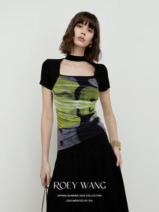 ROEYWANG 高级气质小众设计感修身内搭方领印花套头网纱拼接上衣