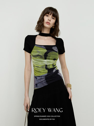ROEYWANG方领印花网纱拼接上衣