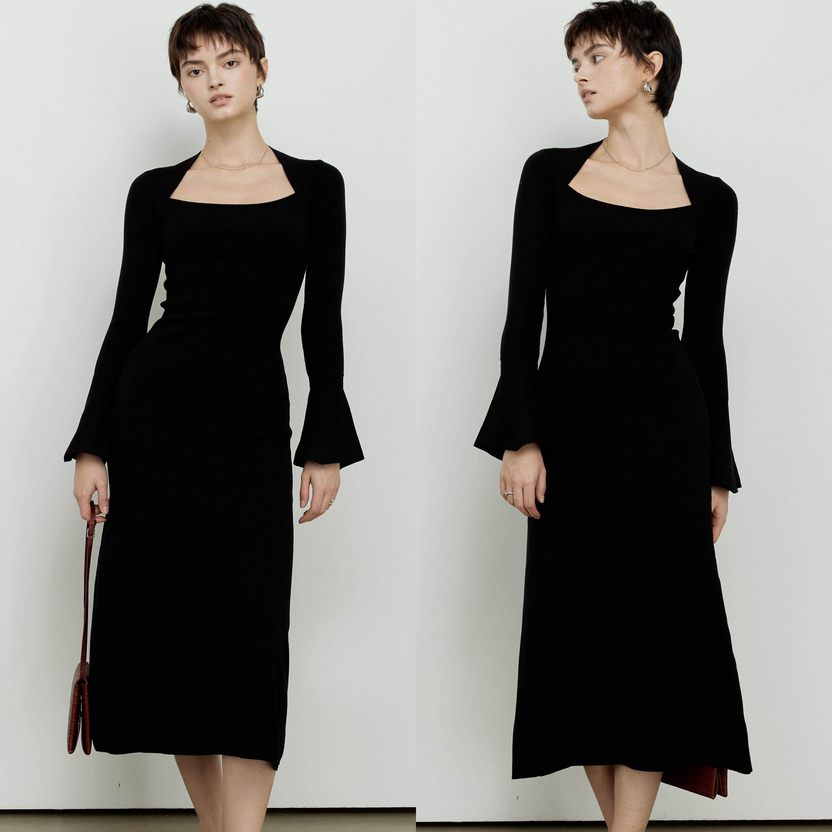 ROEYWANG 高级感假两件长袖修身内搭打底优雅喇叭袖长裙连衣裙女,女装/女士精品,连衣裙,淘宝优惠券,粉丝福利购,淘宝优惠卷