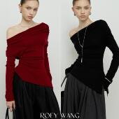 女羊毛露肩褶皱不对称毛衣 一字肩上衣堆堆领针织衫 ROEYWANG 法式