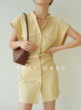 ROEY WANG 法式通勤连身裙设计感短袖棉麻短款紧身显瘦连衣裙