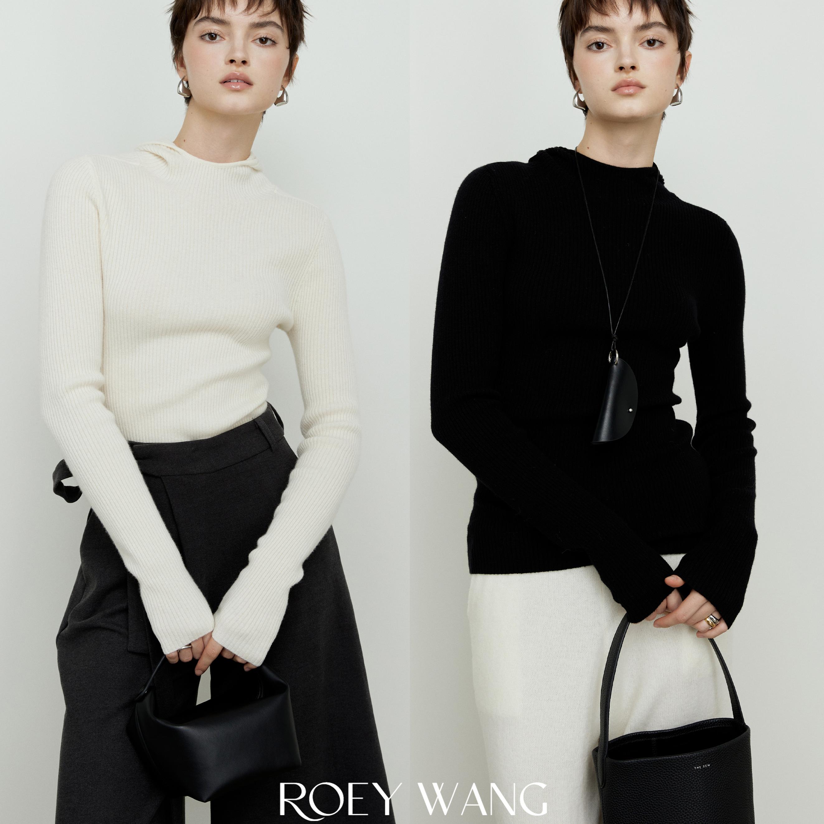 ROEYWANG羊毛纯色半高领简约长袖打底衫女修身连帽百搭针织衫毛衣