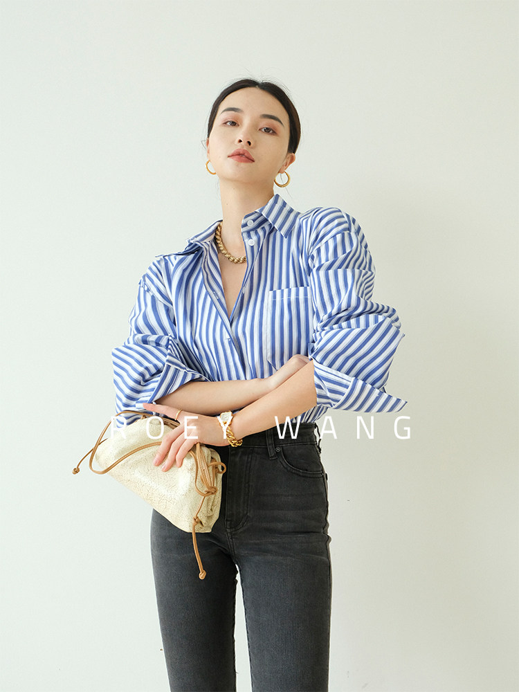 ROEYWANG 客供面料高支高密纯棉竖条纹长袖宽松衬衫通勤衬衣外套