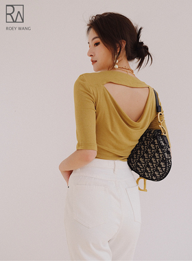 ROEY WANG ji细线针织露背小众设计感经典T恤纯棉夏纯色打底上衣