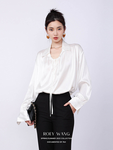 衬衫 ROEYWANGpre 气质通勤U领抽绳宽松长袖 醋酸高级法式 上衣 fall