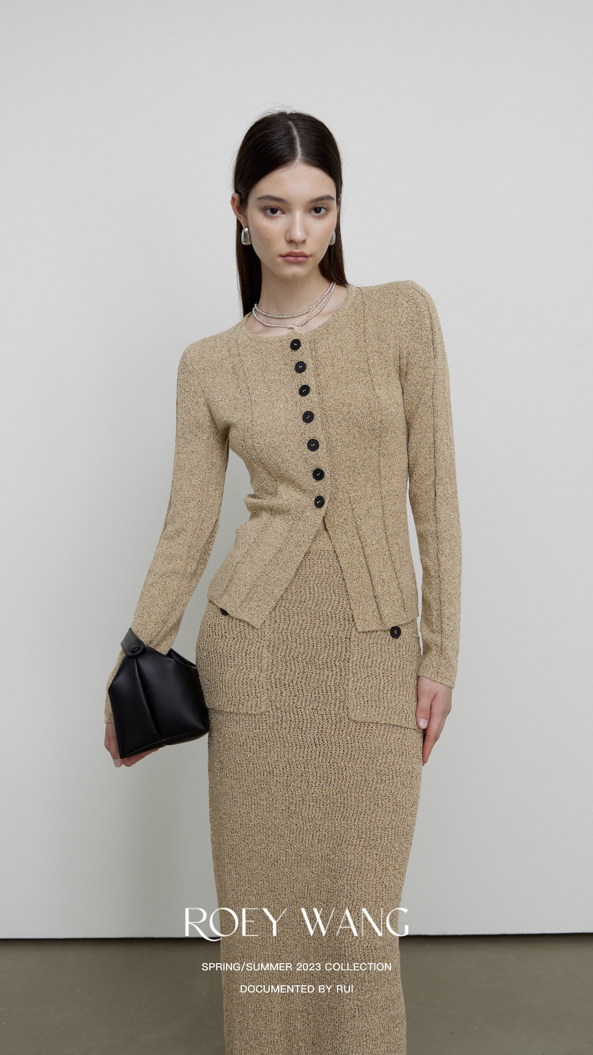 ROEYWANG 高级感单排扣针织开衫毛衣针织直筒包臀半身裙长裙套装