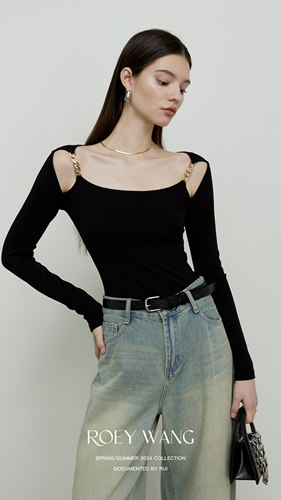 设计感链条露肩针织长袖T恤上衣