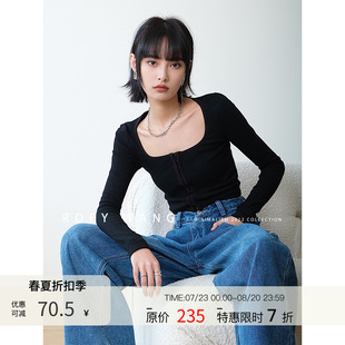 ins时髦经典 显瘦高腰方领修身 ROEYWANG 法式 t恤上衣女 针织衫 长袖