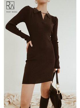 ROEY WANG 进口高捻棉针织衫翻领长袖针织弹力连衣裙女秋秋显瘦