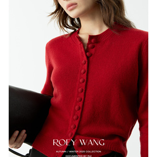ROEYWANG 圆领单排包扣羊毛针织开衫女柔软亲肤休闲毛衣上衣外套