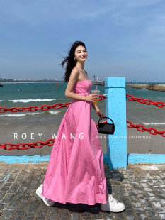 ROEYWANG 高级感夏季约会度假纯棉中长款粉色吊带裙抹胸连衣裙女