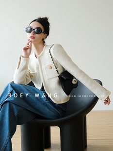 复古CE风米白色气质经典 羊毛小香风粗花呢短外套女 法式 ROEYWANG