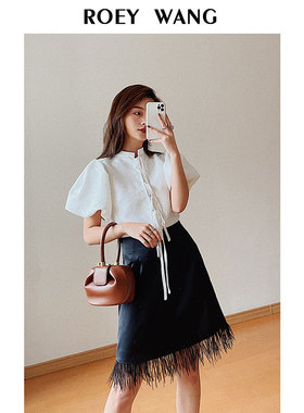 ROEY WANG 提花刺绣法式v领宫廷风泡泡袖上衣短袖显瘦灯笼袖衬衫