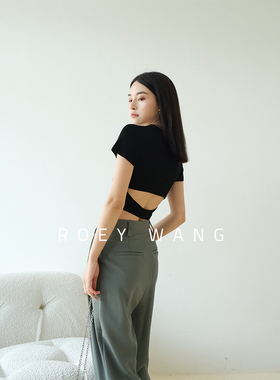 ROEY WANG 露背纯棉修身显瘦性感短款短袖T恤