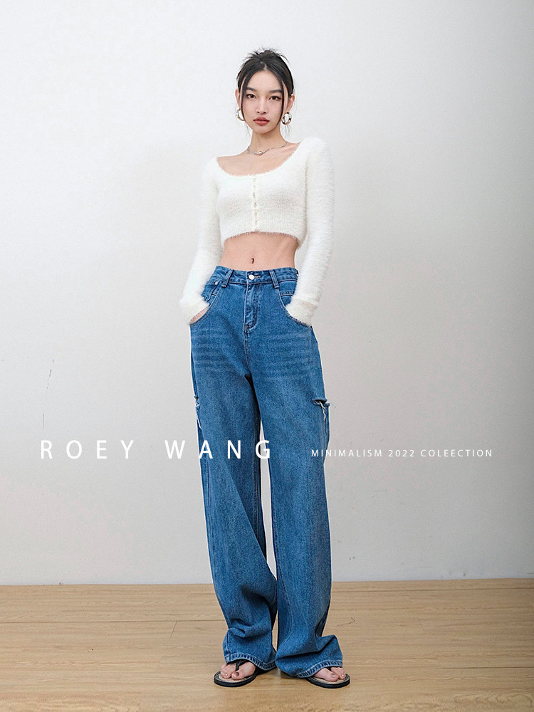 ROEYWANGbi囤神裤显瘦高腰垂感直筒拖地破洞阔腿牛仔裤长裤女春夏