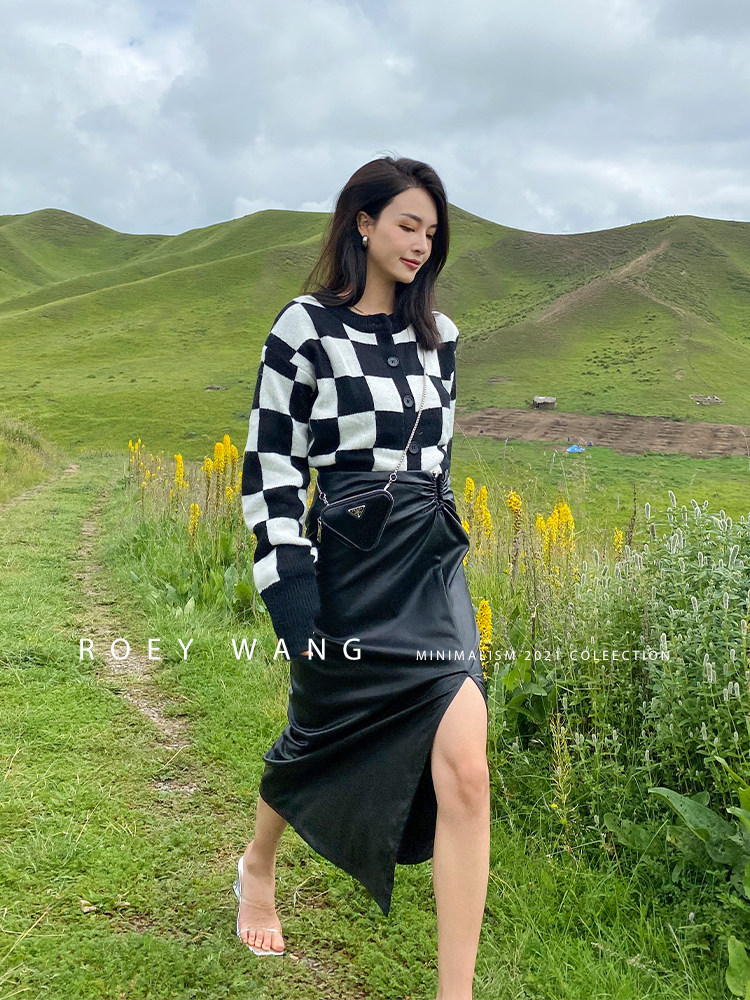 roeywang棋盘格加厚外套针织开衫