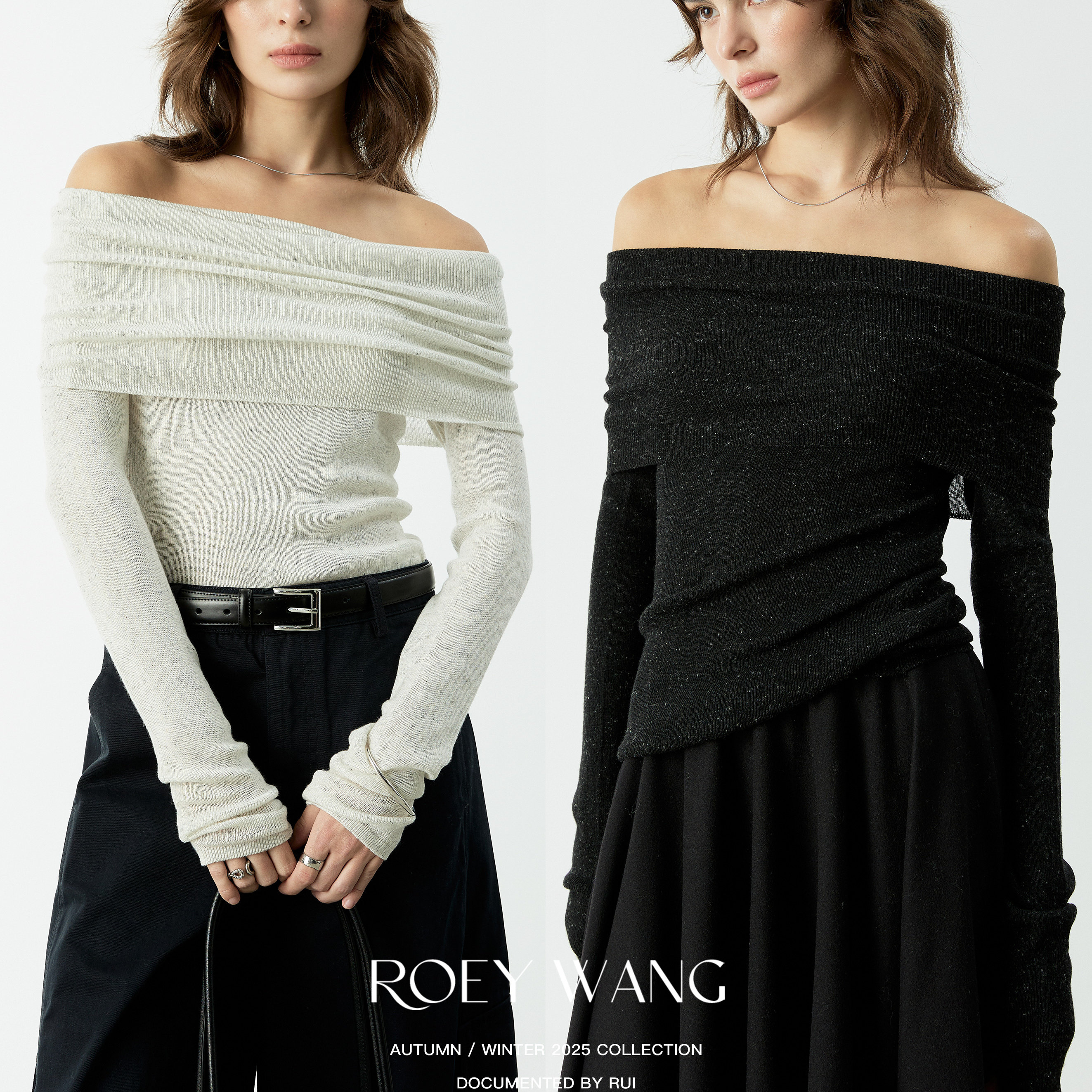 ROEYWANG 纯色翻领一字肩针织衫女修身显瘦内搭上衣休闲打底毛衣