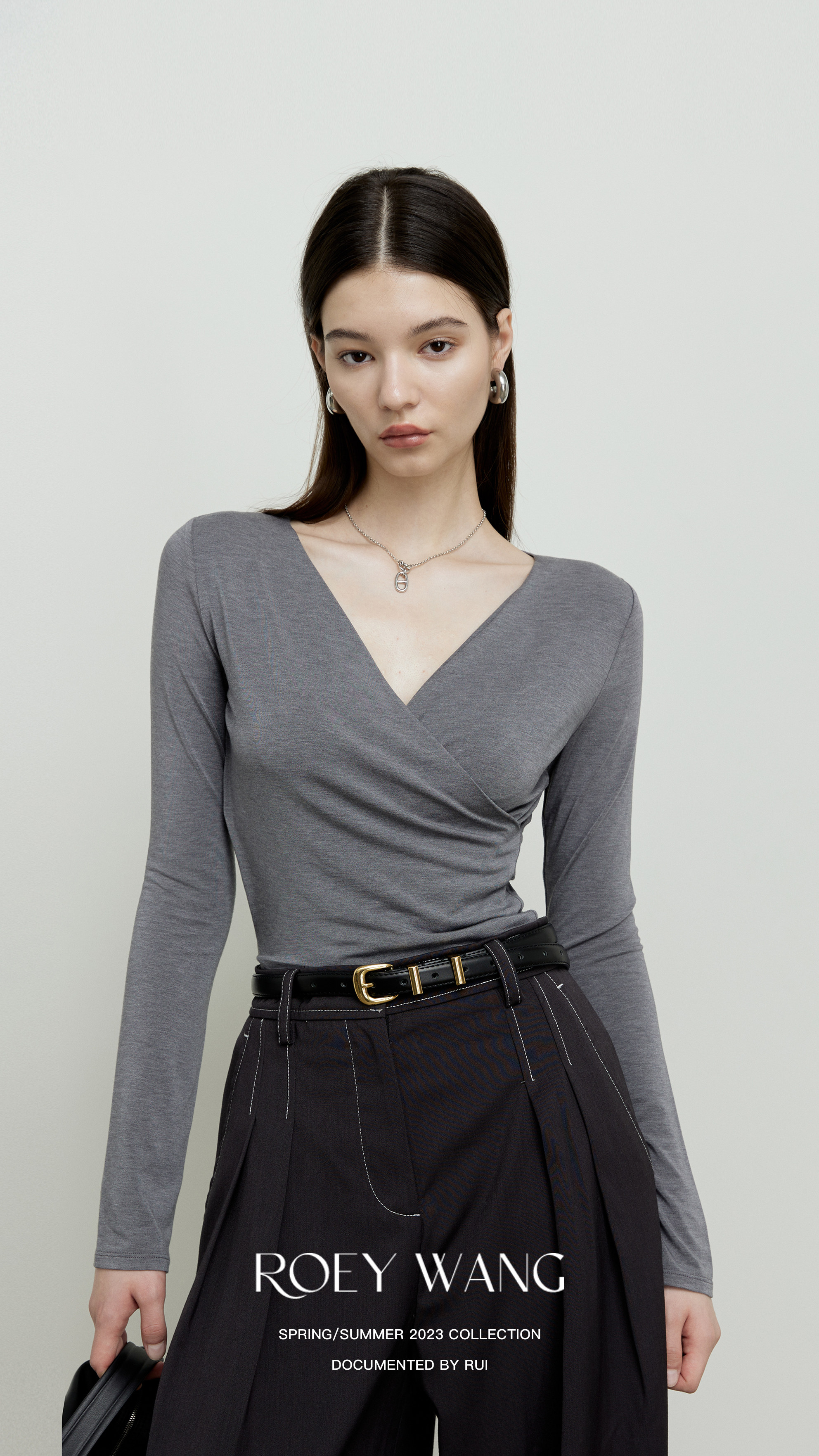 ROEYWANG 高级V领褶皱交叉长袖T恤针织衫打底衫,女装/女士精品,T恤,淘宝优惠券,粉丝福利购,淘宝优惠卷