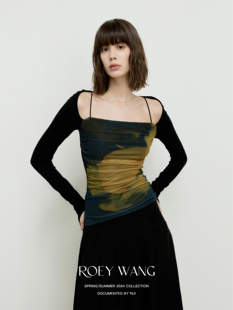 ROEYWANG印花网纱弹力修身显瘦方领露肩后露背针织打底衫长袖上衣