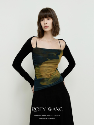 ROEYWANG印花网纱弹力修身显瘦方领露肩后露背针织打底衫长袖上衣