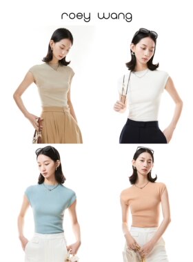 ROEY WANG 舒适感天丝凉爽针织衫连肩显瘦弹力修身短袖上衣女