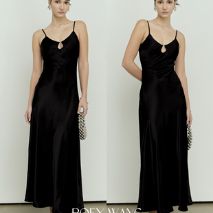 ROEYWANG 法式缎面极简吊带连衣裙高级流光感V领露肩显瘦吊带长裙