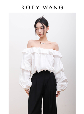 ROEYWANG 白色荷叶边泡泡袖纯棉宽松长袖衬衫一字领露肩上衣女