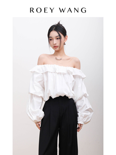 ROEYWANG 白色荷叶边泡泡袖纯棉宽松长袖衬衫一字领露肩上衣女