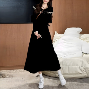 气质高级感黑色假两件连衣裙女2025春秋大码 显瘦欧货设计感长裙子