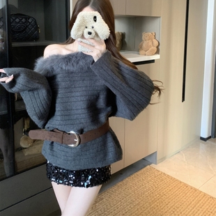 宽松毛衣女百搭针织上衣 小香风一字肩蝙蝠袖 实拍2025秋冬新款 法式