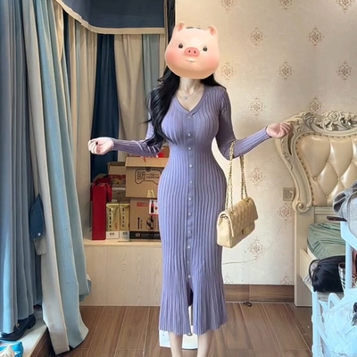 丁香情愫 羊毛V领针织鱼尾连衣裙秋冬圣诞包臀裙