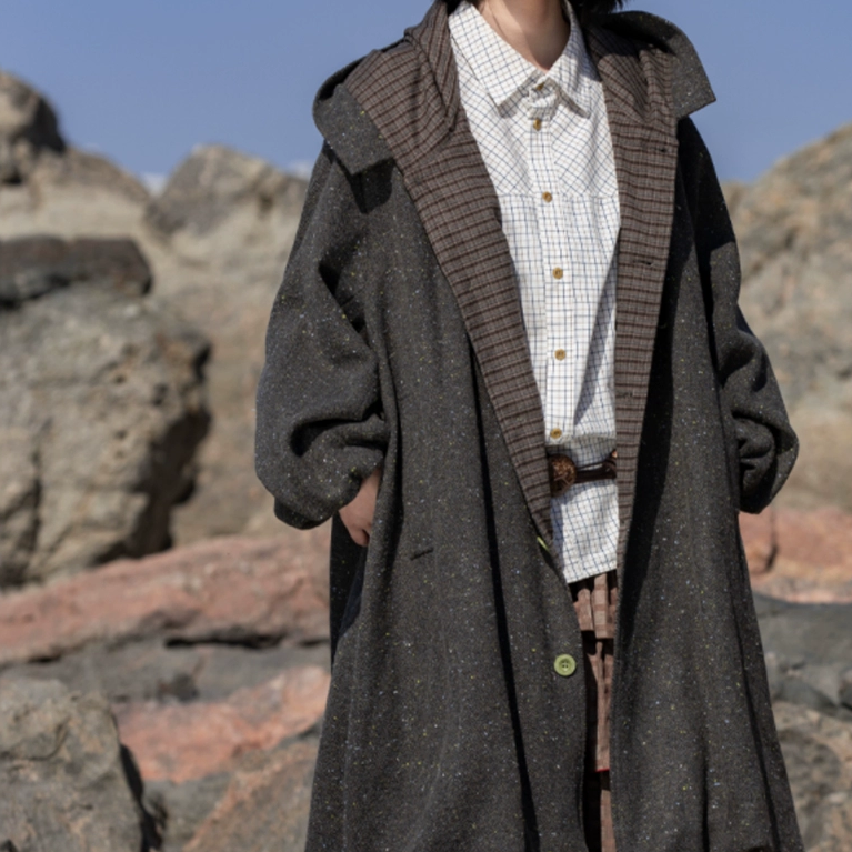 含羊毛早乙女惠子Saotome 日系复古连帽花苞毛呢中长款大衣