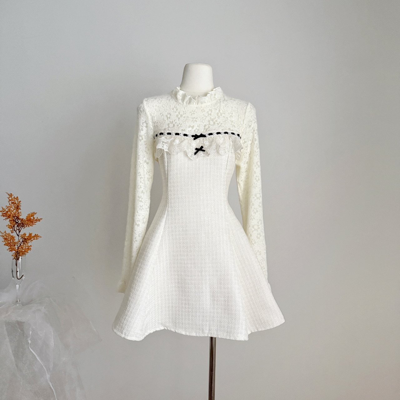 Q女家新品95折雪绒香榭/千金感小香风蕾丝花边精致年会连衣裙